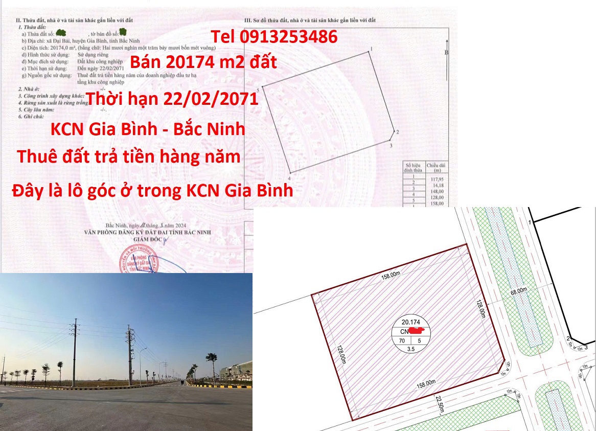 Bán 20174 m2 ở vị trí lô góc trong khu công nghiệp Gia Bình Tỉnh Bắc Ninh có thời hnaj sử dụng đất đến 22/02/2071