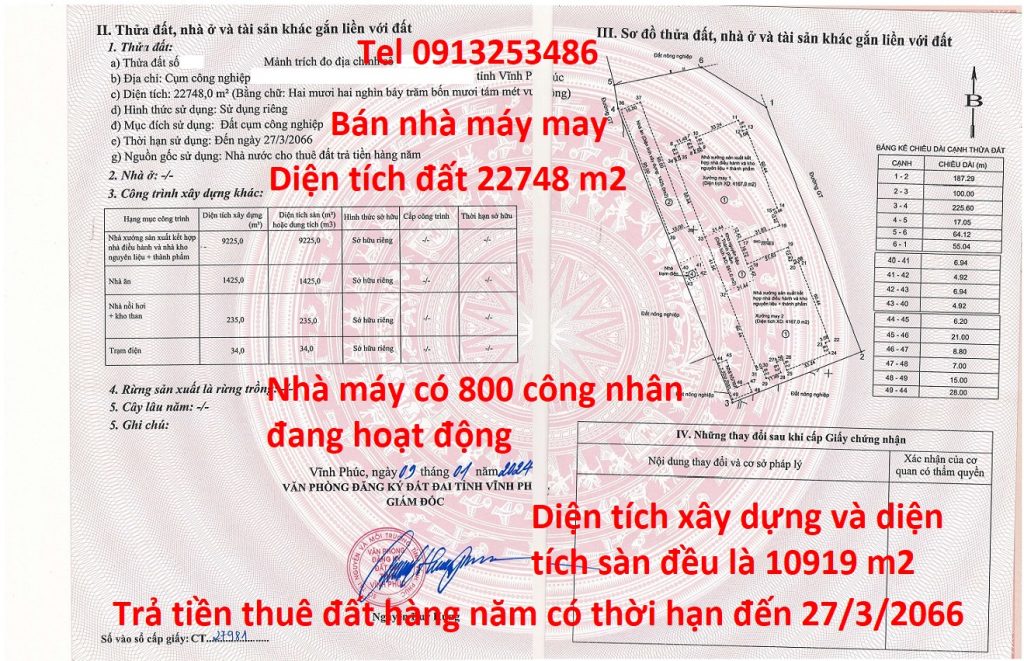 Bán nhà máy may diện tích 22748 m2 và có 800 công nhân ở Vĩnh Phúc