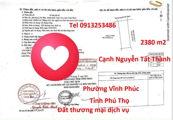Bán 2380 m2 cạnh Nguyễn Tất Thành - Phường Vĩnh Phúc - Tỉnh Phú Thọ