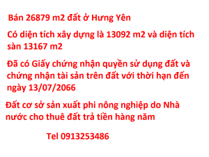 Bán 26879 m2 đất ở Mỹ Hào Hưng yên cùng 13167 m2 nhà xưởng