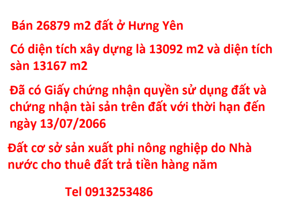 Bán 26879 m2 đất ở Mỹ Hào Hưng yên cùng 13167 m2 nhà xưởng
