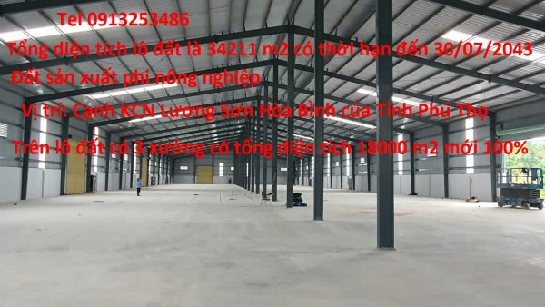 Bán 34211 m2 đất có 18000 m2 nhà xưởng mới 100% ở cạnh khu công nghiệp Lương Sơn Hòa Bình thuộc Tỉnh Phú Thọ