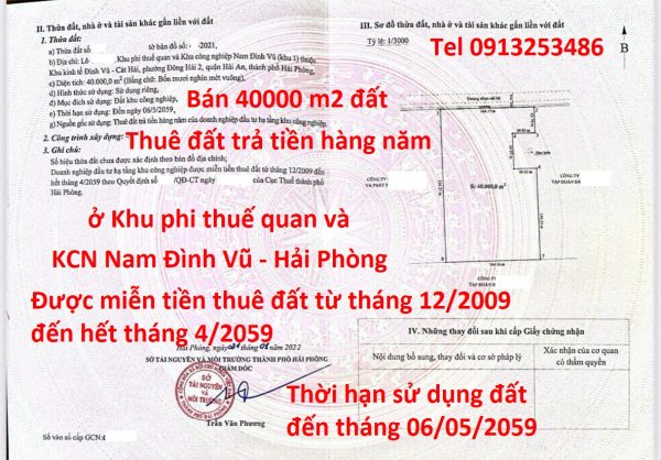 Bán 40000 m2 đất trong khu công nghiệp KCN Nam Đình Vũ Hải Phòng