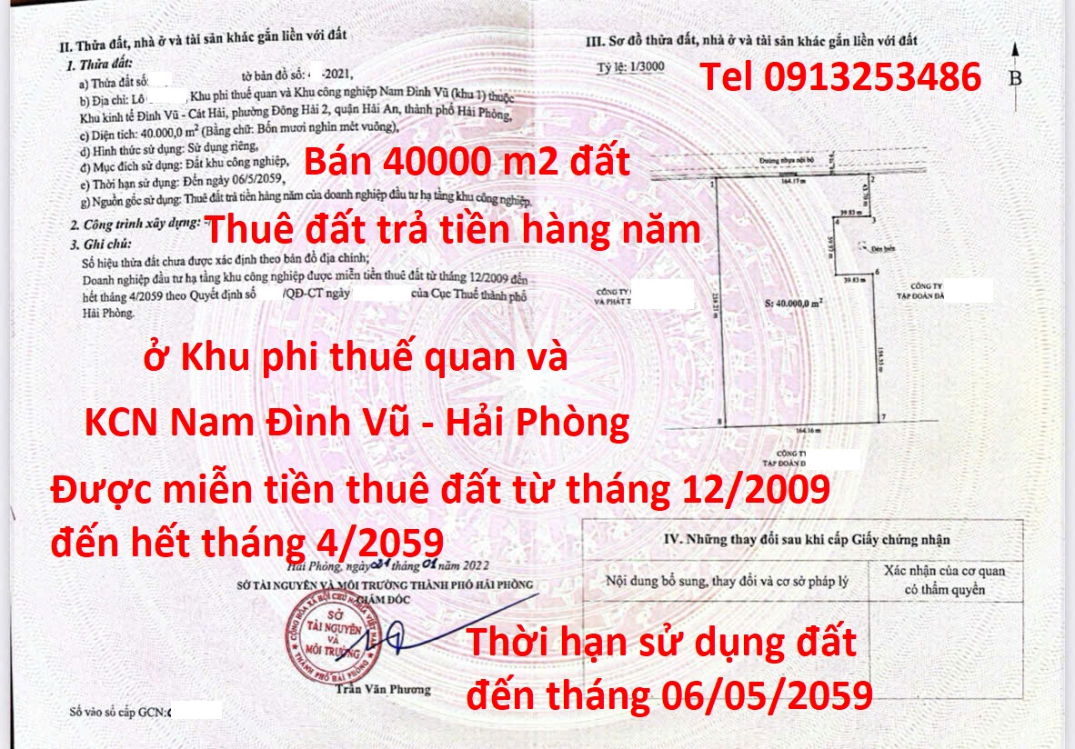 Bán 40000 m2 đất trong khu công nghiệp KCN Nam Đình Vũ Hải Phòng
