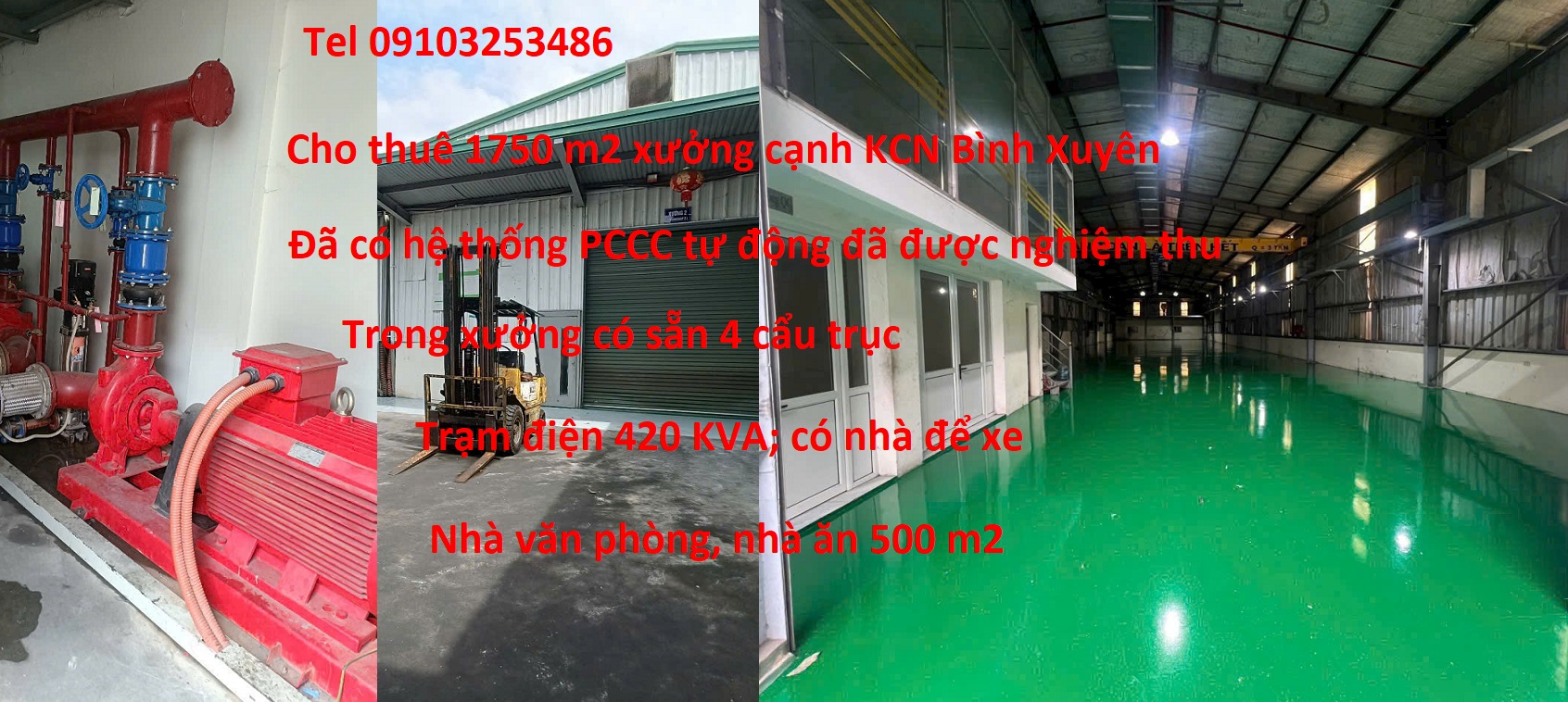 Cho thuê 1750 m2 nhà xưởng cạnh khu công nghiệp Bình Xuyên Tỉnh Phú Thọ. Nhà xưởng này đã có hệ thống PCCC tự động được nghiệm thu