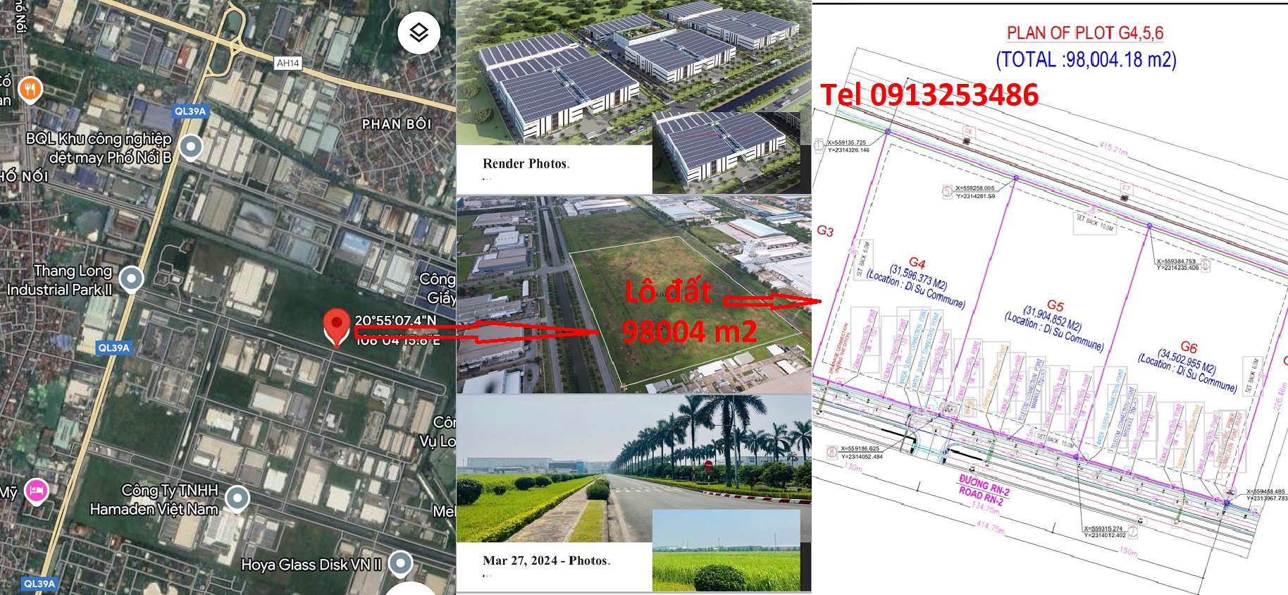 Khu công nghiệp Thăng Long 2 Hưng Yên bán 03 lô đất cạnh nhau có tổng diện tích 98004 m2