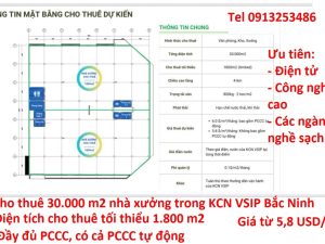 Cho thuê 30000 m2 nhà xưởng trong khu công nghiệp VSIP Bắc Ninh với diện tích cho thuê tối thiểu 1800 m2. Có đày đủ hệ thống phòng cháy chữa cháy đã được nghiệm thu