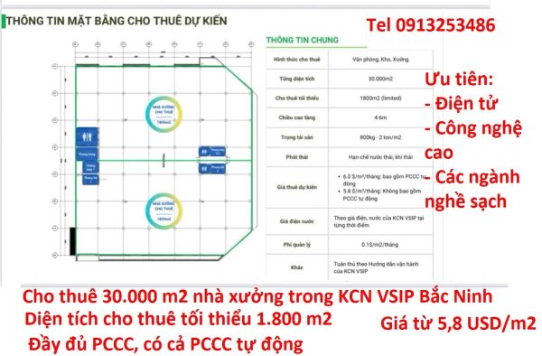 Cho thuê 30000 m2 nhà xưởng trong khu công nghiệp VSIP Bắc Ninh với diện tích cho thuê tối thiểu 1800 m2. Có đày đủ hệ thống phòng cháy chữa cháy đã được nghiệm thu
