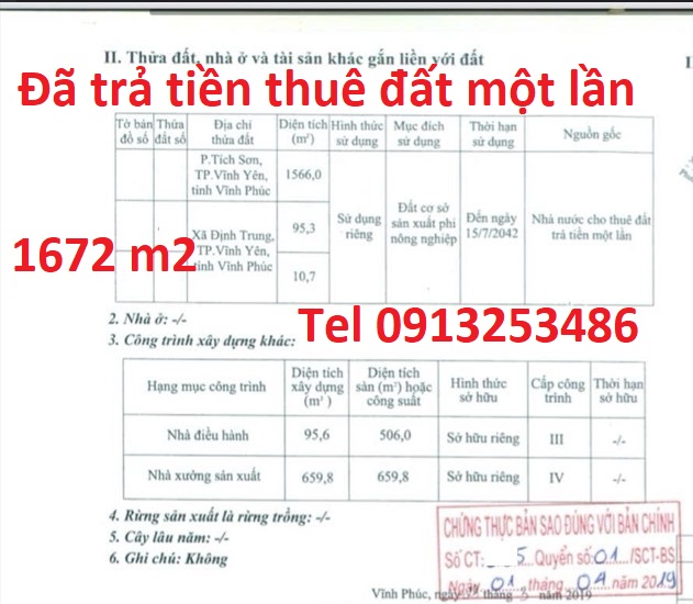 Bán 1672 m2 cạnh đường Nguyễn Tất Thành - Phường Vĩnh Yên - Tỉnh Phú Thọ