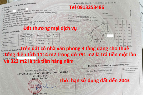 Bán 1114 m2 đất cùng nhà văn phòng đang cho thuê ở cạnh Quốc lộ 2 thuộc Phường Phúc Yên - Tỉnh Phú THọ