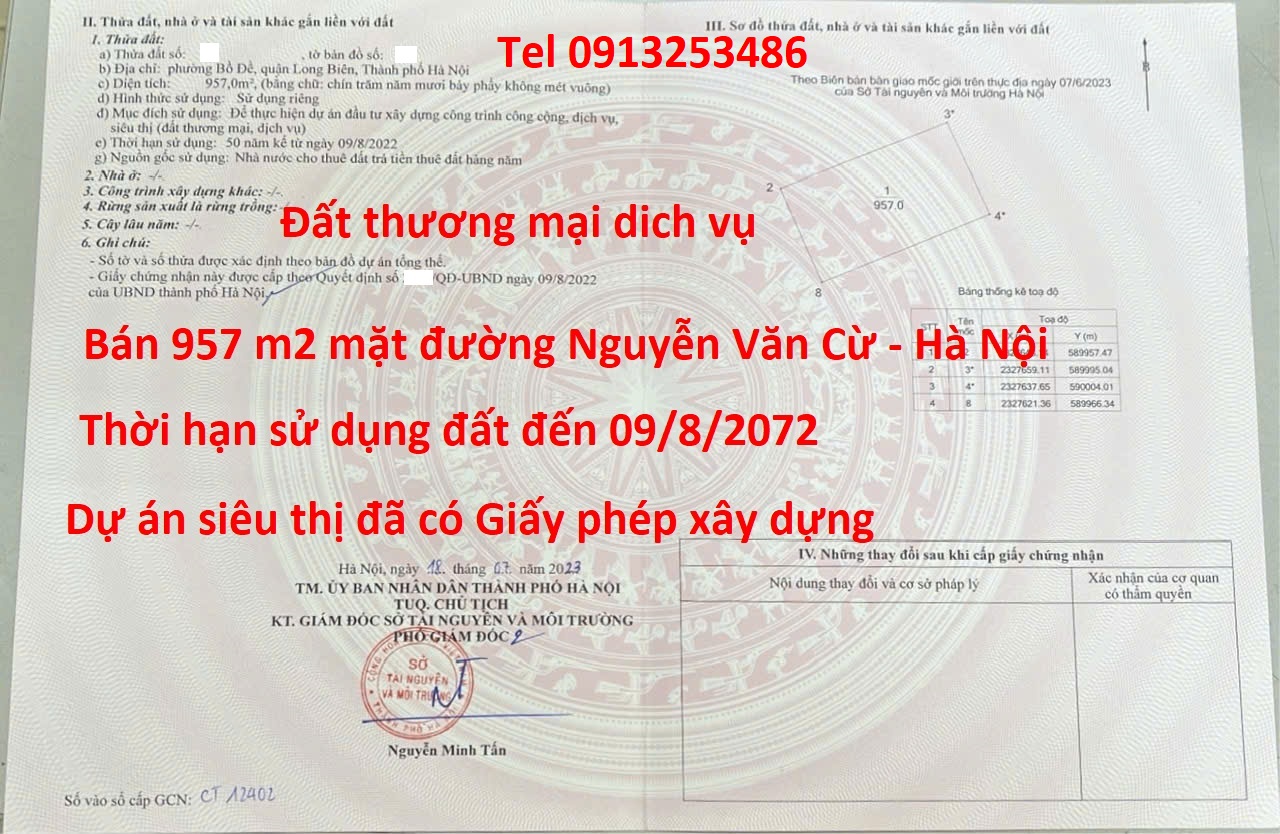 Bán 957 m2 đất dự án siêu thị ở cạnh đường Nguyễn Tất Thành - Long Biên - Hà Nội