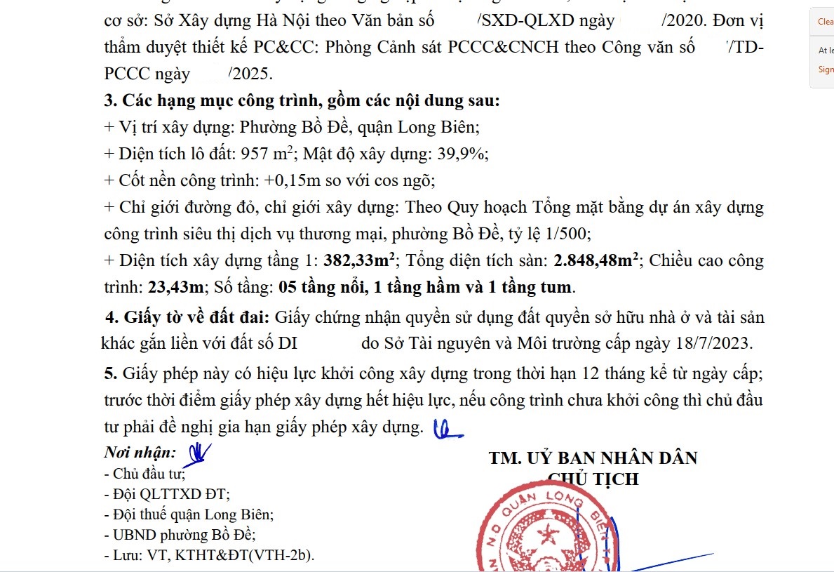 Giấy phép xây dựng dự án siêu thị trên lô đất 957 m2 ở cạnh đường Nguyễn Văn Cừ - Long Biên - Hà Nội cần bán