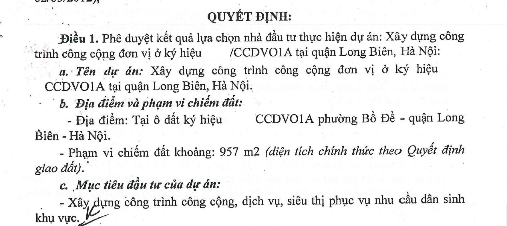 Quyết định giao đất lô 957 m2 ở cạnh đường Nguyễn Văn Cừ - Long Biên - Hà Nội để triển khai dự án siêu thị cần bán