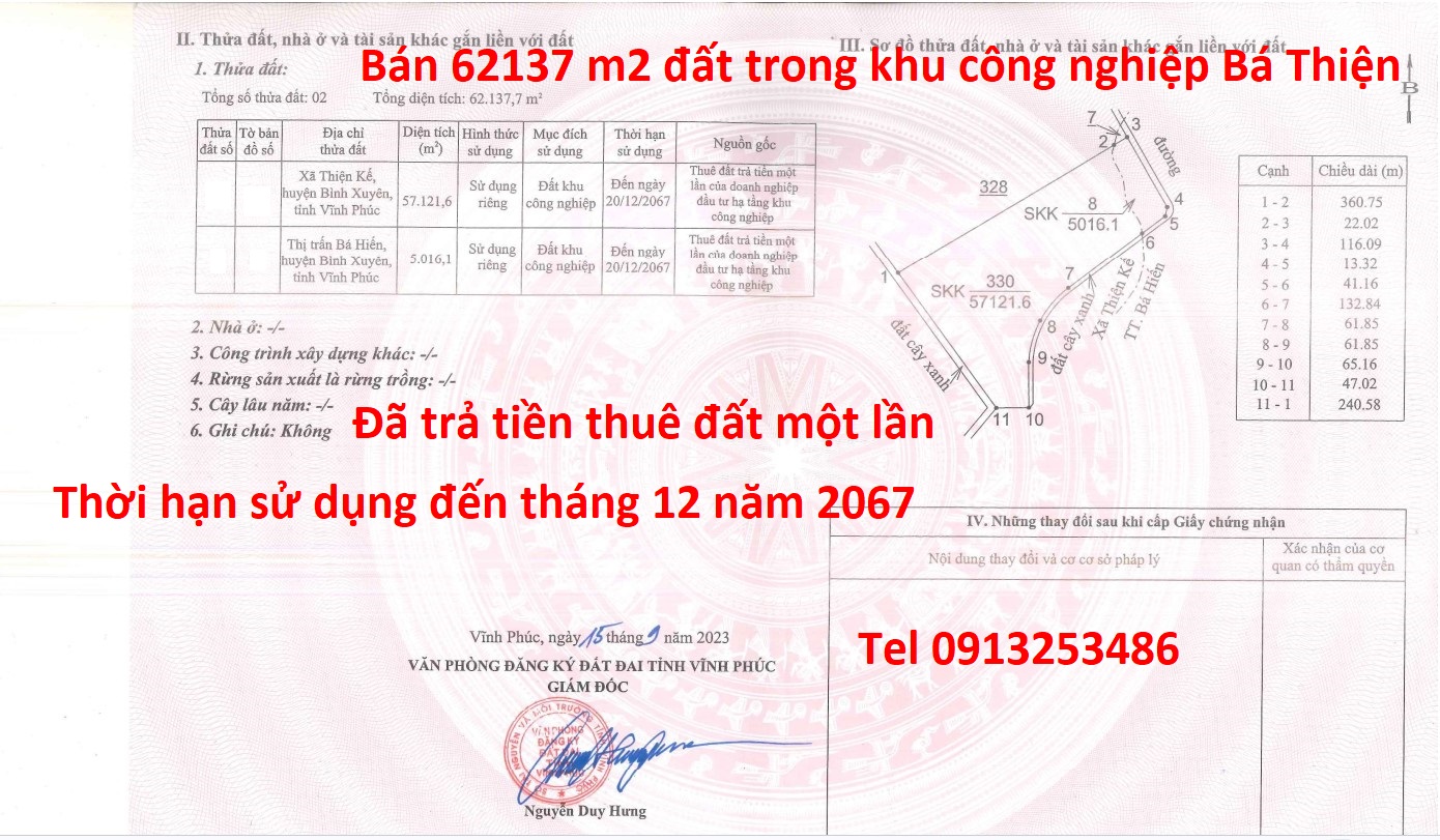 Bán 62137 m2 đất khu công nghiệp Bá Thiện - Tỉnh Phú Thọ