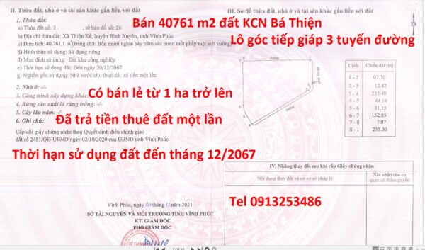 Bán 40761 m2 đất khu công nghiệp Bá Thiện - Tỉnh Vĩnh Phúc (cũ) nay thuộc Tỉnh Phú Thọ