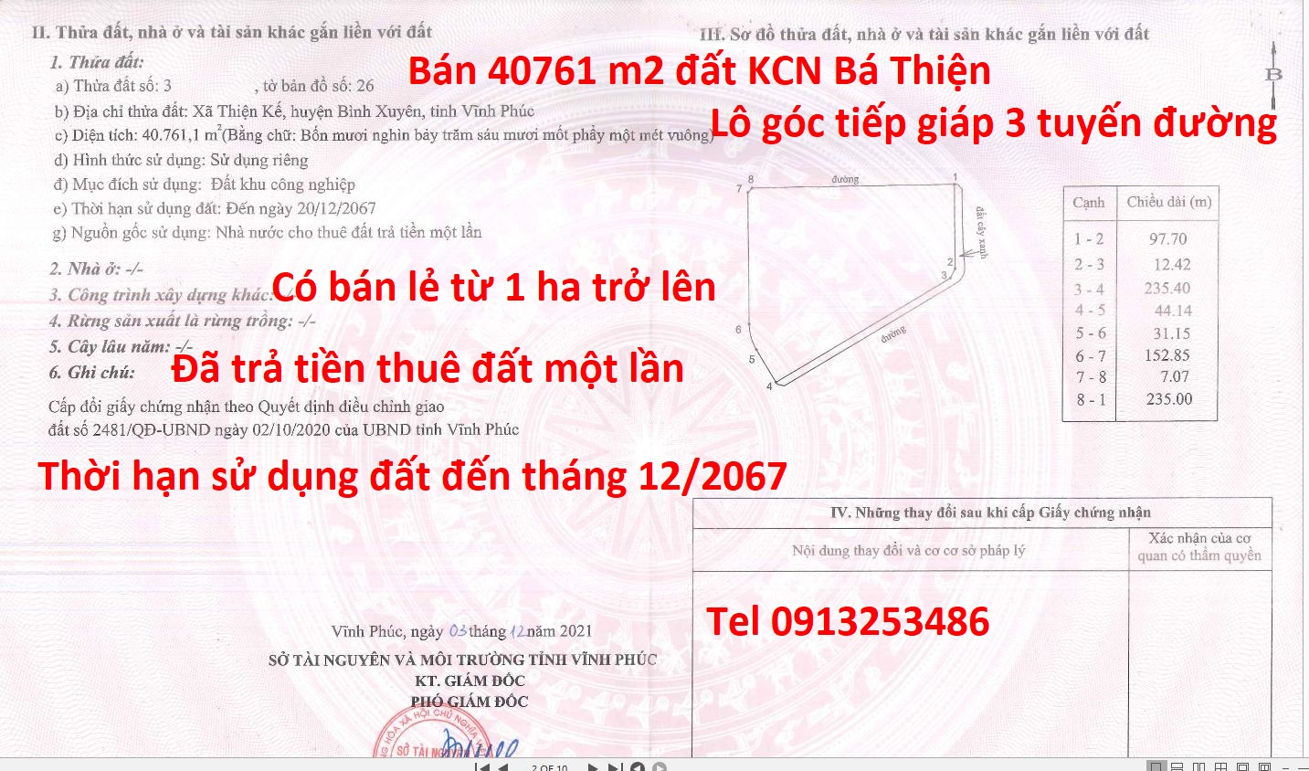 Bán 40761 m2 đất khu công nghiệp Bá Thiện - Tỉnh Vĩnh Phúc (cũ) nay thuộc Tỉnh Phú Thọ