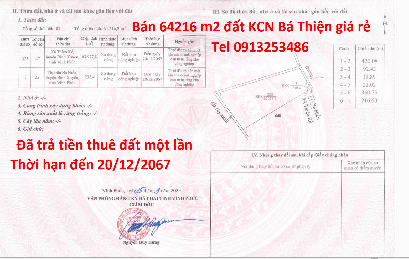 Khu công nghiệp Bá Thiện Tỉnh Phú Thọ bán lô đất diện tích 64216 m2