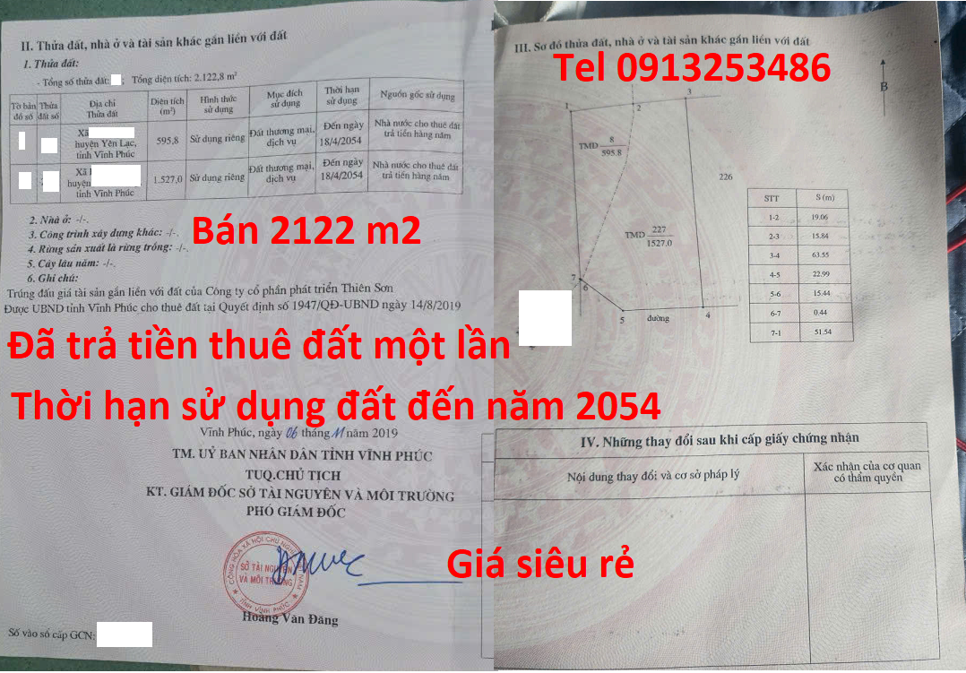 Bán 2122 m2 đất trong Cụm công nghiệp cảu Tỉnh Vĩnh Phúc (cũ) nay thuộc Tỉnh Phú Thọ đã trả tiền thuê đất môt lần