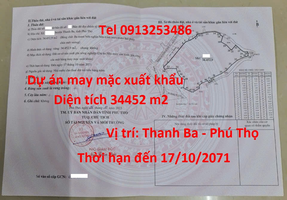 Cho thuê 17788 m2 nhà xưởng và phụ trợ mới 100% cảu dự án may mặc ở Thanh Ba - Tỉnh Phú Thọ