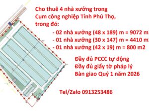 Cho thuê 23350 m2 nhà xường trong Cụm công nghiệp của Tỉnh Phú Thọ (bàn giao vào Quý 1 năm 2026)