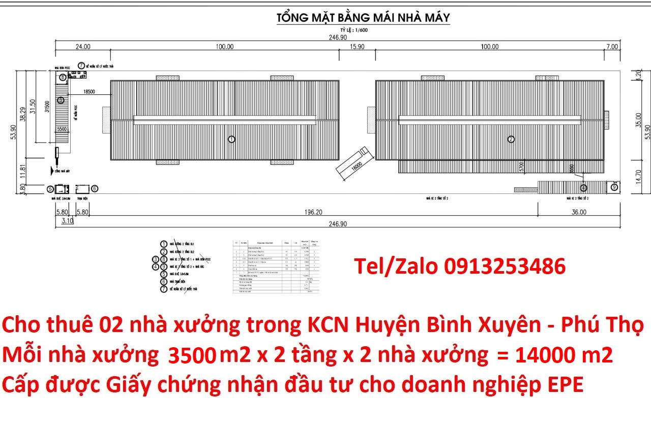 Cho thuê 02 nhà xưởng mỗi nhà xưởng có 7000 m2 sàn được thiết kế 02 tầng trong khu công nghiệp ở Huyện Bình Xuyên - Tỉnh Phú Thọ