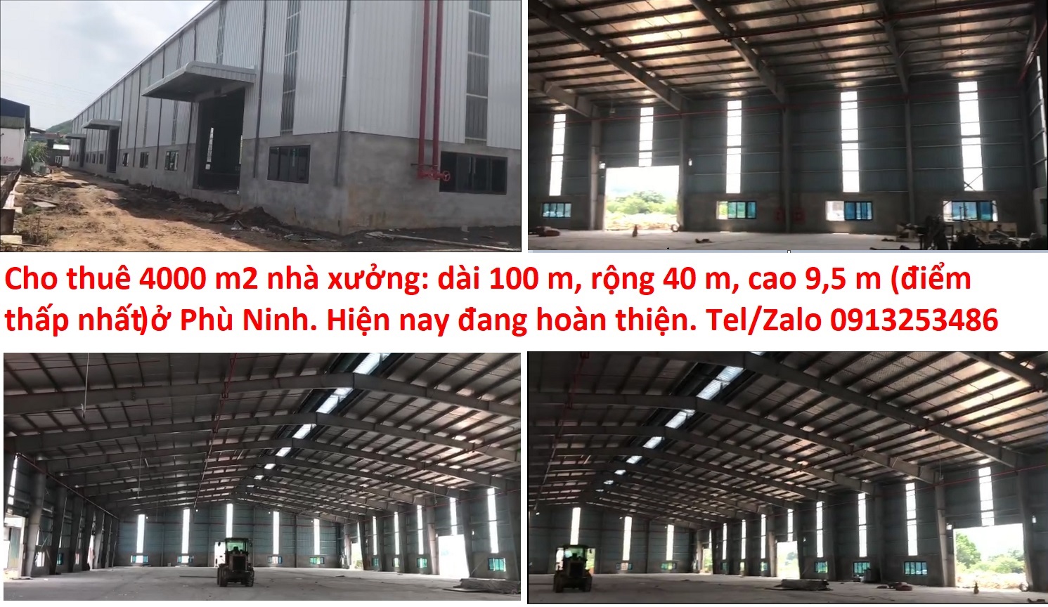 Cho thuê 4000 m2 nhà xưởng mới 100% đang hoàn thiện ở Phù Ninh của dự án sản xuất giấy