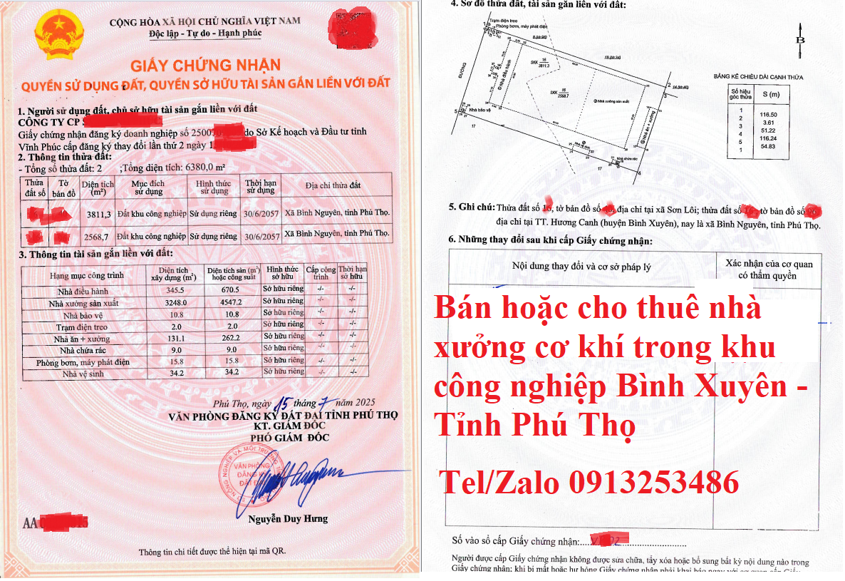 Bán hoặc cho thuê nhà máy cơ khí trong khu công nghiệp Bình Xuyên - Tỉnh Phú Thọ