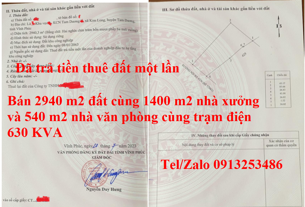 Bán chuyển nhượng cho thuê 2940 m2 đất của nhà xưởng cơ khí ở Tam Duong-Vinh Phúc - Tỉnh PHú Thọ