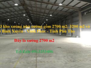 Cho thuê kho xưởng nhà xưởng 2700 m2 ở Bình Xuyên - Vĩnh Phúc - Tỉnh Phú Thọ