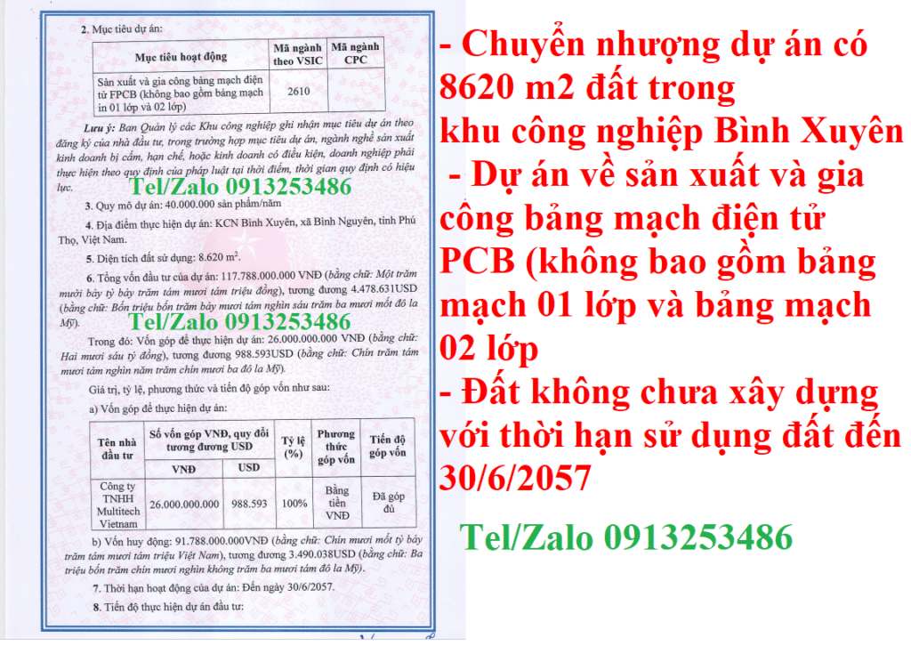 Lô đất 8620 m2 đất trong khu công nghiệp Bình Xuyên - Vĩnh Phúc - Tỉnh Phú Thọ cần bán đã cso Giấy chứng nhận đăng ký đầu tư