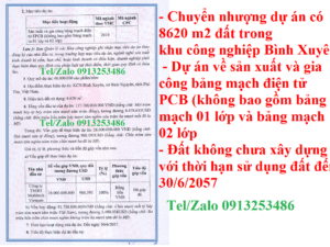 Lô đất 8620 m2 đất trong khu công nghiệp Bình Xuyên - Vĩnh Phúc - Tỉnh Phú Thọ cần bán đã cso Giấy chứng nhận đăng ký đầu tư