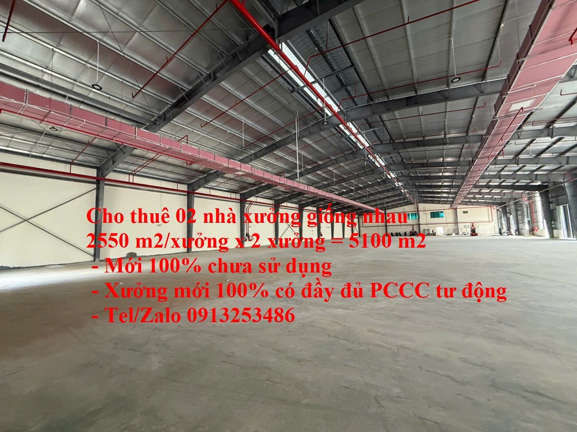 Cho thuê 02 nhà xưởng 2550 m2 x 2 = 5100m2 mới 100% đầy đủ PCCC tự động trong KCN Bình Xuyên