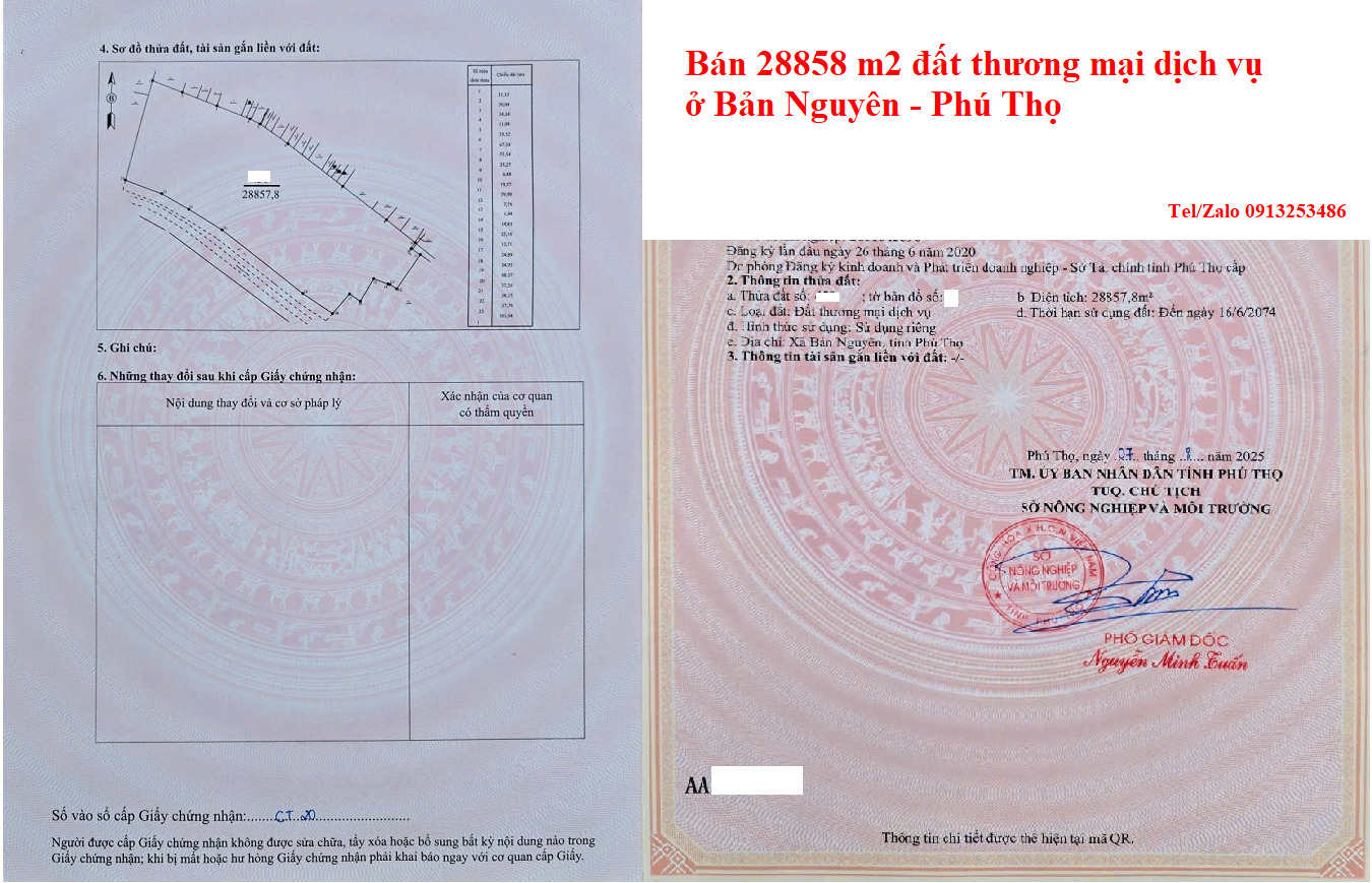 Bán chuyển nhượng 28858 m2 đất thương mại dịch vụ ở Bản Nguyên - Tỉnh Phú Thọ
