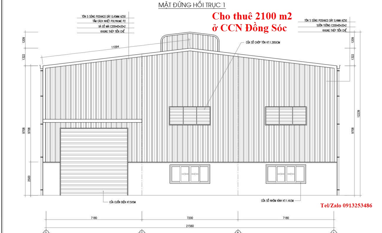 Bản vẽ của nhà xưởng 2100 m2 cho thuê tại Cụm công nghiệp Đồng Sóc - Vĩnh Tường - Vĩnh Phúc - nay thuộc Tỉnh Phú Thọ