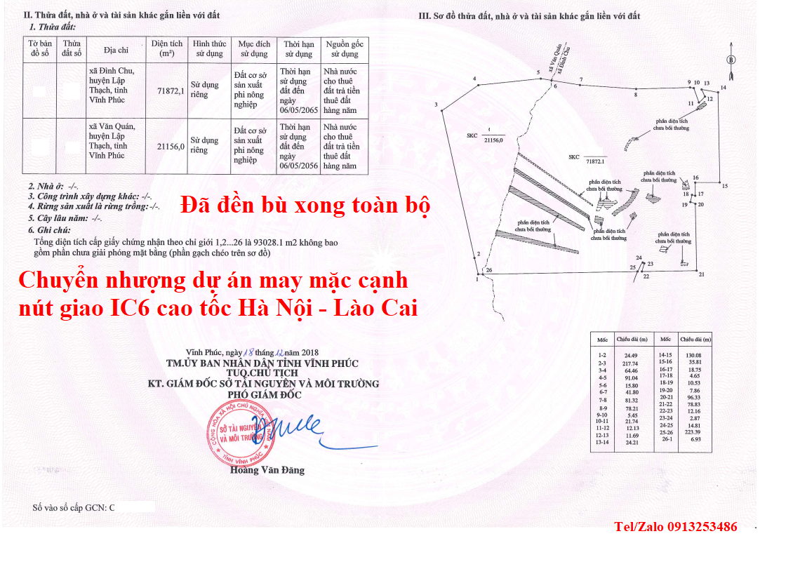 Chuyển nhượng dự án may mặc có tổng diện tích 97000 m2 đã đền bù xong toàn bộ, trong đó 93028 m2 đã được cấp giấy chứng nhận quyền sử dụng đất; phần còn lại 4000 m2 đang làm thủ tục xin cấp Giấy chứng nhận quyền sử dụng đất