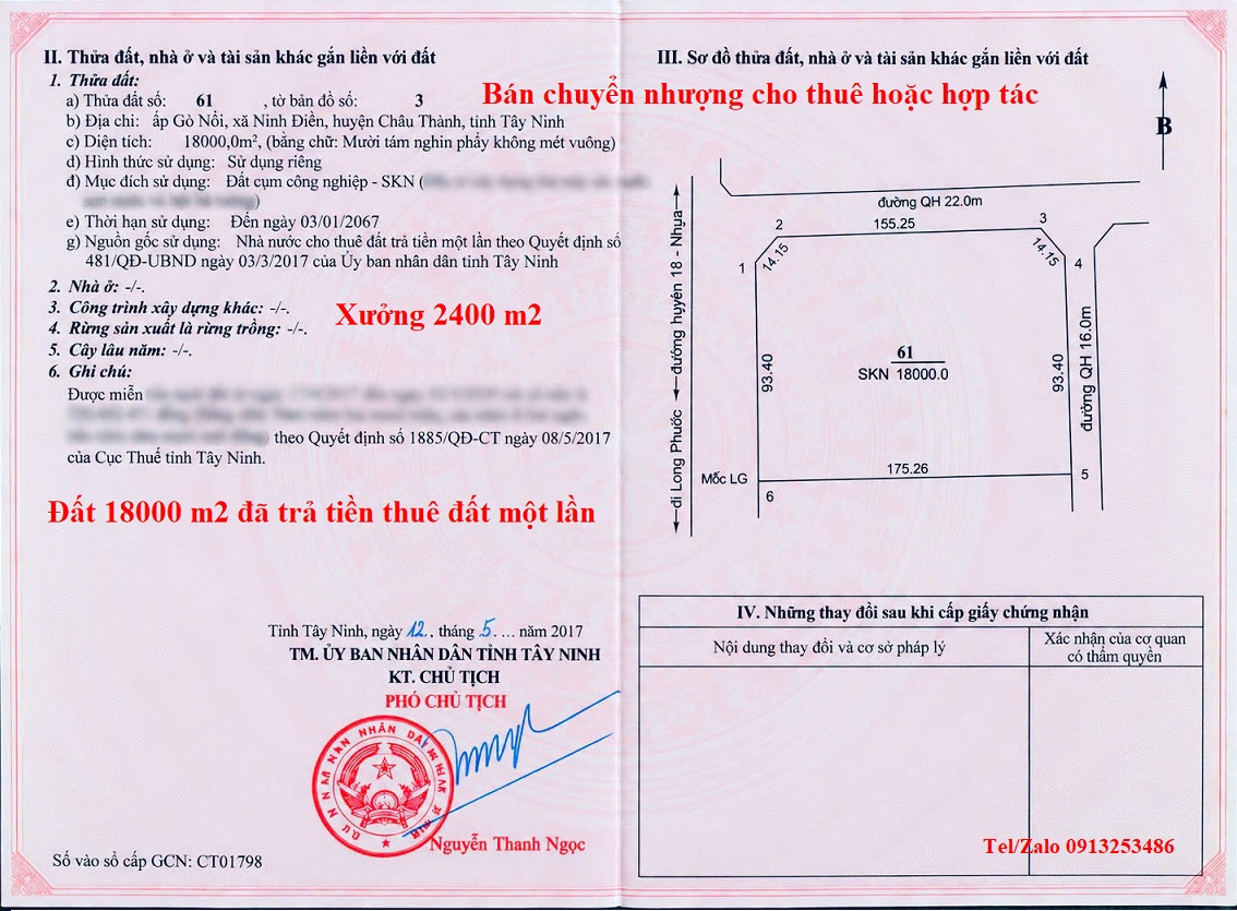 Bán chuyển nhượng cho thuê hoặc tìm đối tác để hợp tác jgong việc khai thác nhà xưởng 2400 m2 trên lô đất 18000 m2 đã trả tiền thuê đất một lần ở trong Cụm công nghiệp của Tây Ninh