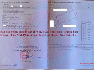 Bán nhà xưởng ở xã Hội Thịnh - Tỉnh Phú Thọ (truwosc đây là xã Hợp Thịnh - HUyện Tam Dương - Vĩnh Phúc cũ) với diện tích đất 2174 m2, xưởng 1600 m2, trạm điện 400 KVA
