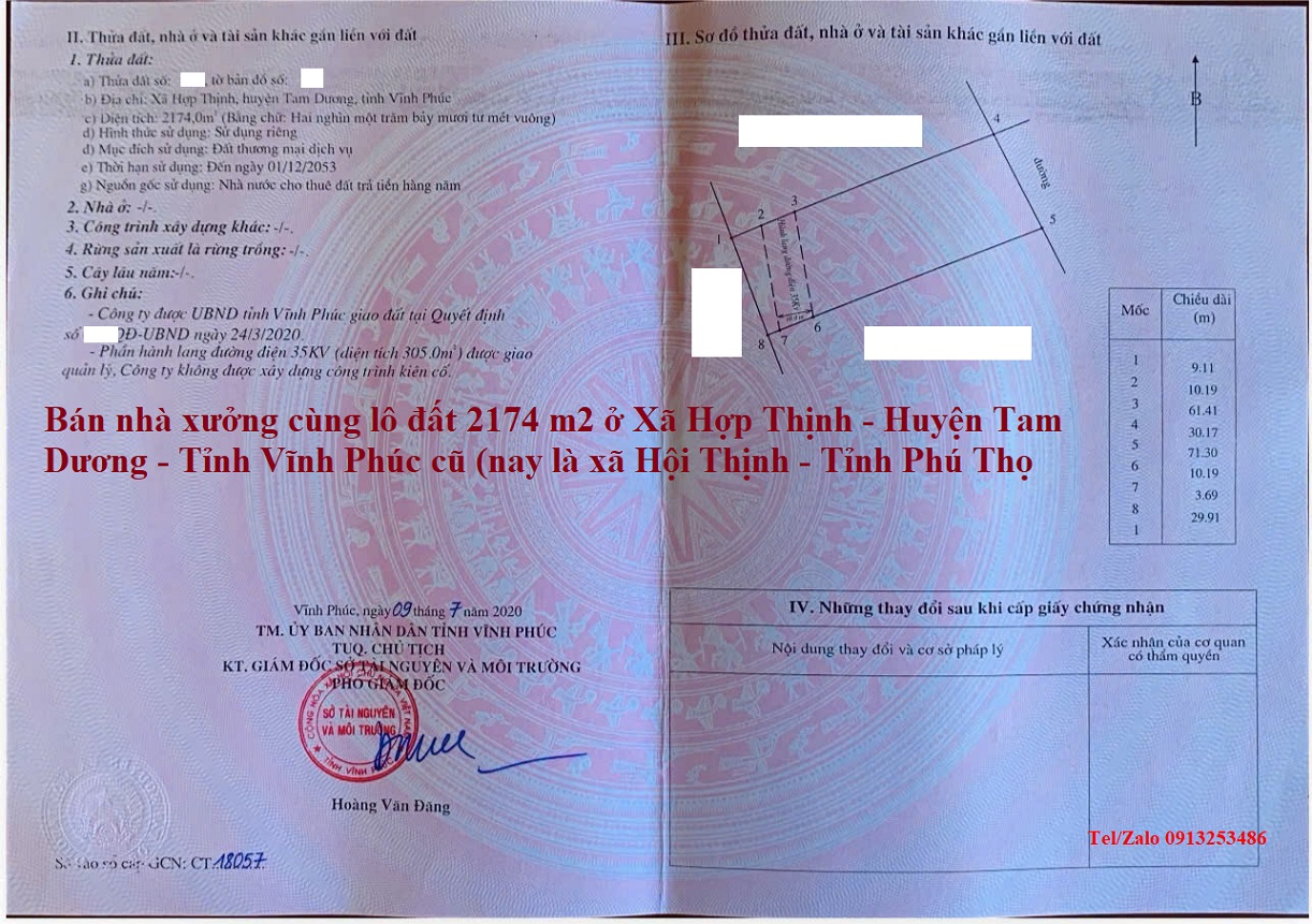 Bán nhà xưởng ở xã Hội Thịnh - Tỉnh Phú Thọ (truwosc đây là xã Hợp Thịnh - HUyện Tam Dương - Vĩnh Phúc cũ) với diện tích đất 2174 m2, xưởng 1600 m2, trạm điện 400 KVA